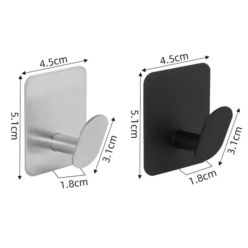 Set of four adhesive stainless steel robe hooks with a no-drill wall mount design