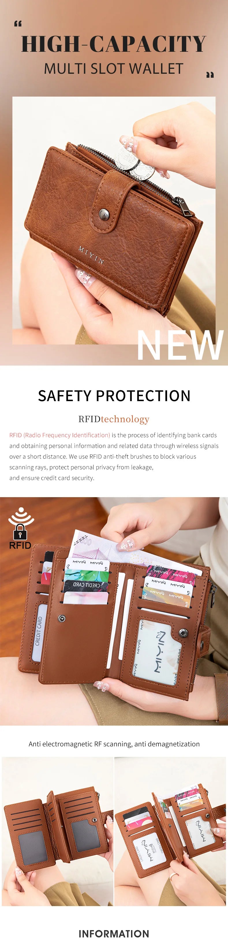 Portefeuille marron à plusieurs compartiments, montrant des fonctionnalités de protection RFID.