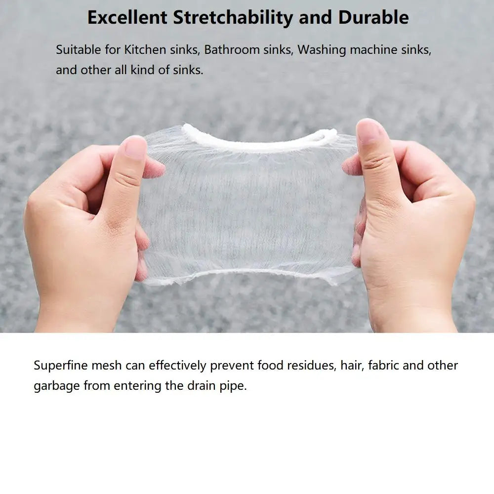 Hands holding a clear mesh sink strainer bag designed to prevent food residues and debris from entering the drain pipe.