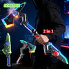 A person holds a glowing 2-in-1 light-up sword and axe toy with sound effects.