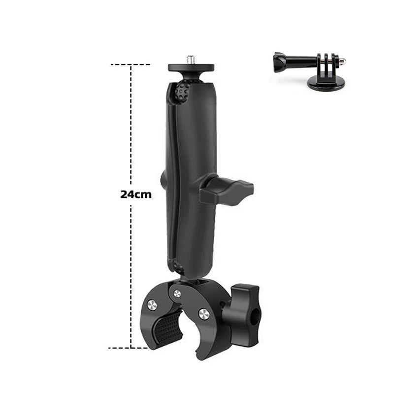 Black universal action camera clamp mount designed for bike and motorcycle handlebars.