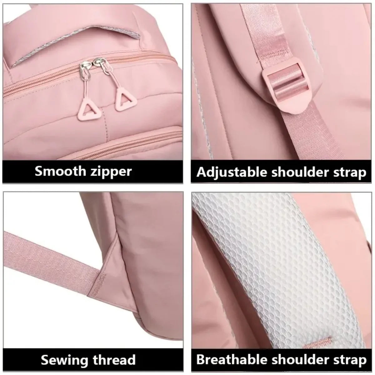 Close-up views of a pink backpack showing a smooth zipper, adjustable shoulder straps, sewing thread, and breathable shoulder