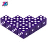 A set of ten purple plastic game dice with white dots, arranged in a honeycomb pattern.