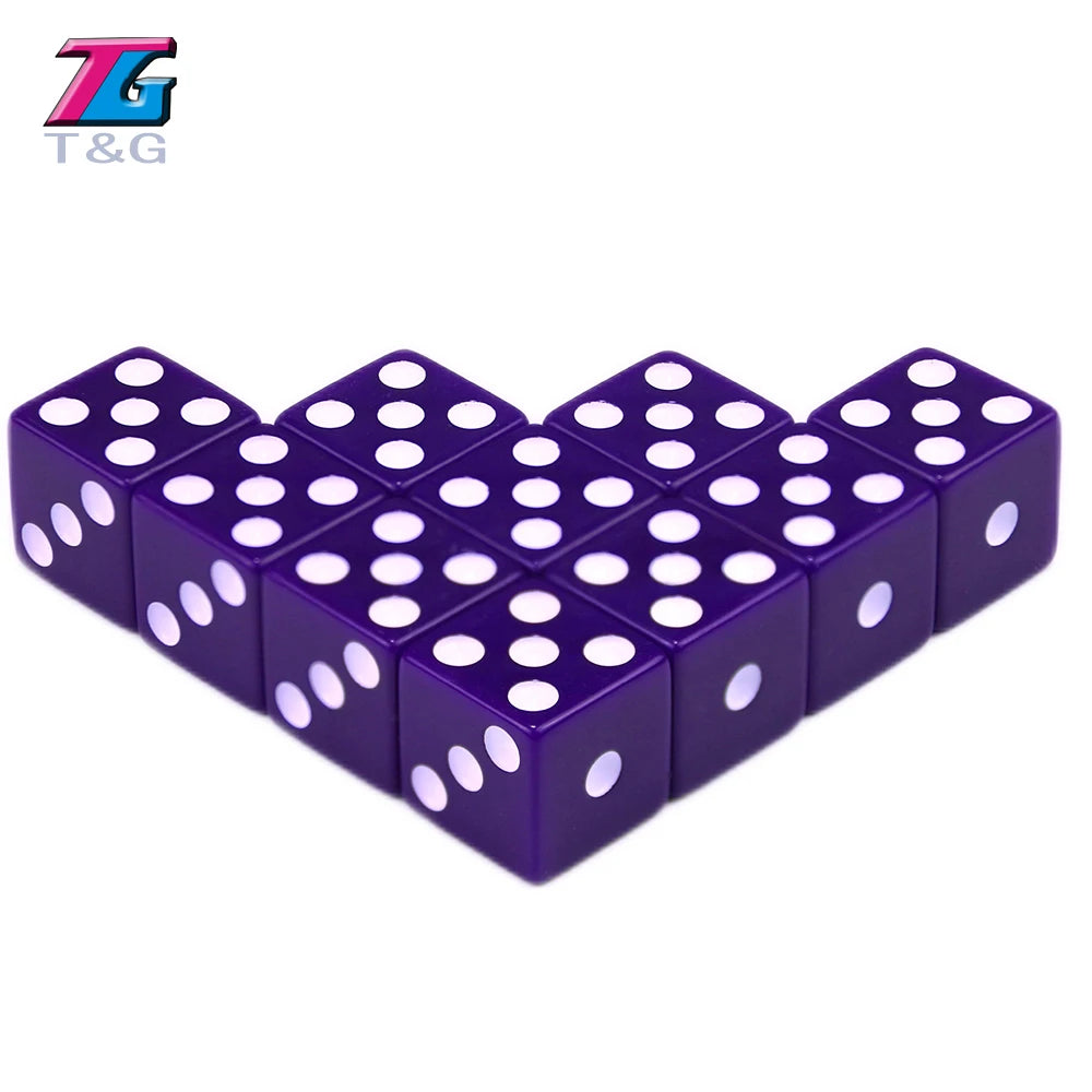 A set of ten purple plastic game dice with white dots, arranged in a honeycomb pattern.