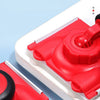A close-up view of a red latex paint edger brush on a white tray, demonstrating even and smooth application.