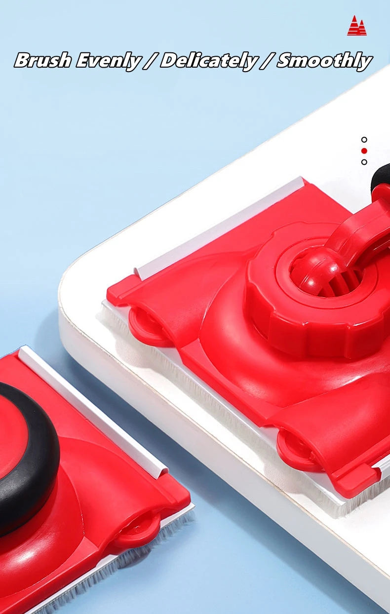 A close-up view of a red latex paint edger brush on a white tray, demonstrating even and smooth application.
