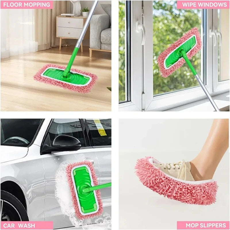 A collection of reusable microfiber mop pads and tools including a floor mopping tool, window wiping tool, car wash mop, and 