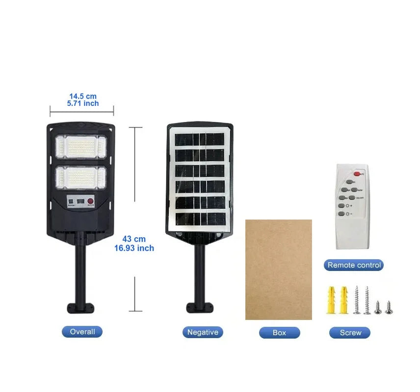 A solar wall light with a motion sensor and remote control is shown alongside its components.