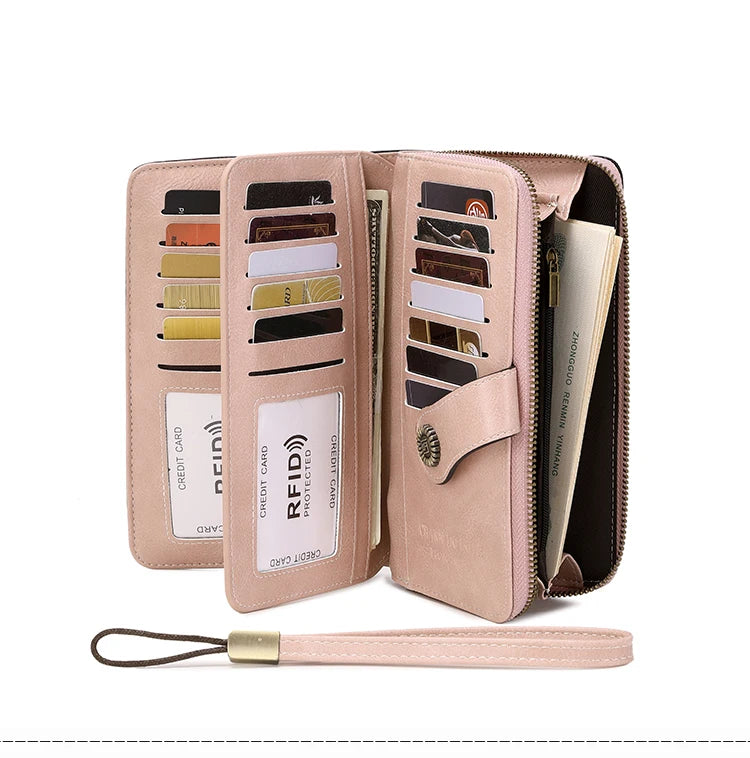 Vintage RFID-Blocking Large Capacity Wallet with Wrist Strap