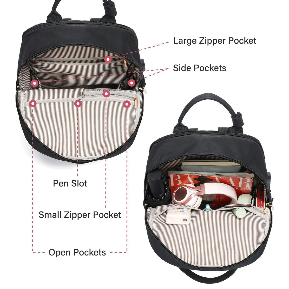 Women's Nylon Waterproof Casual Backpack with USB Port, Fits 15.6 Inch Laptop