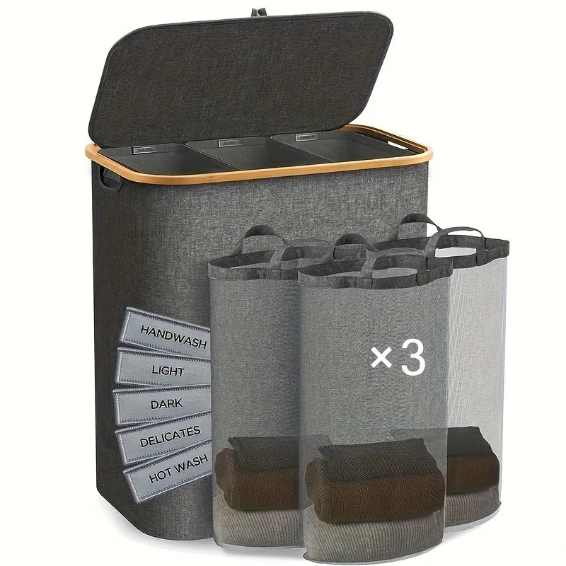 A large gray foldable laundry hamper with a lid and three removable mesh bags inside.
