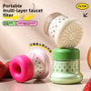A portable multi-layer faucet filter in pink and green colors with a perforated nozzle.