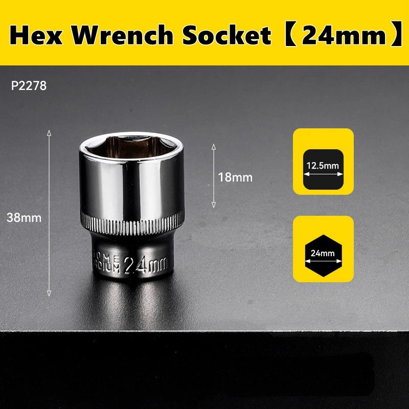 A close-up view of a 24mm hex wrench socket with an 18mm shaft and a 38mm overall length.