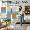A woman is using a NEWBULIG steam mop for multiple flooring types including hardwood, tile, and laminate.