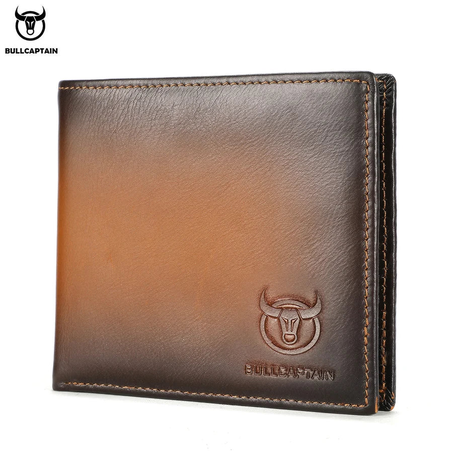 Brown genuine leather bifold wallet with a embossed bull design and Bullcaptain branding
