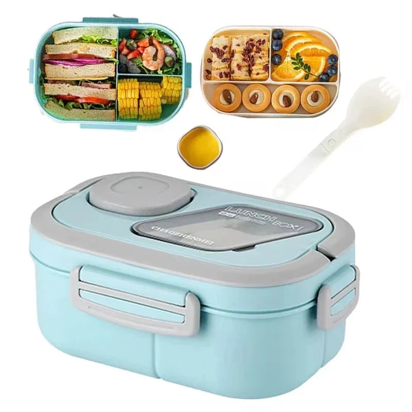 Set de lonchera aislada azul claro con compartimentos para comida y utensilios reutilizables.