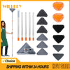 A set of triangle microfiber cleaning pads and a long handle mop for wall cleaning.