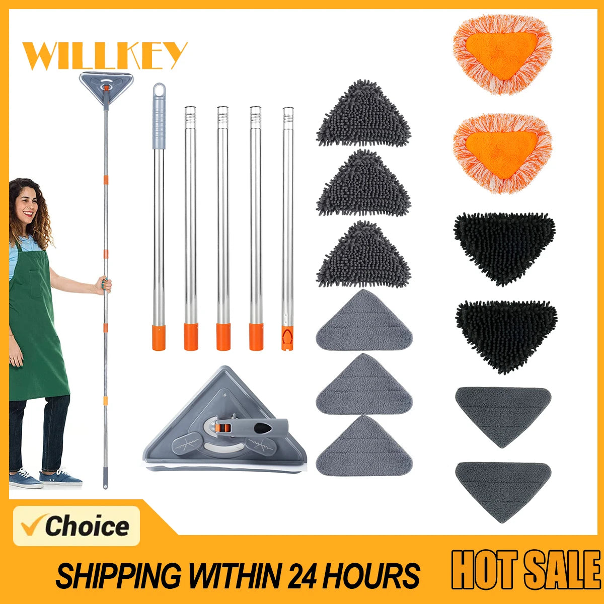 A set of triangle microfiber cleaning pads and a long handle mop for wall cleaning.