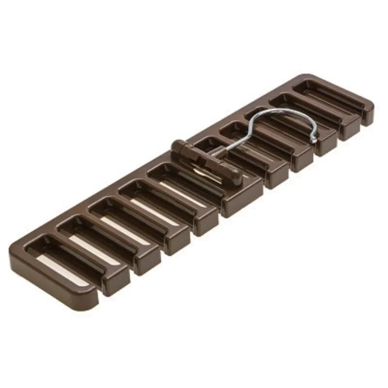 A brown multifunctional belt and tie organizer with a hanging rack for storage.