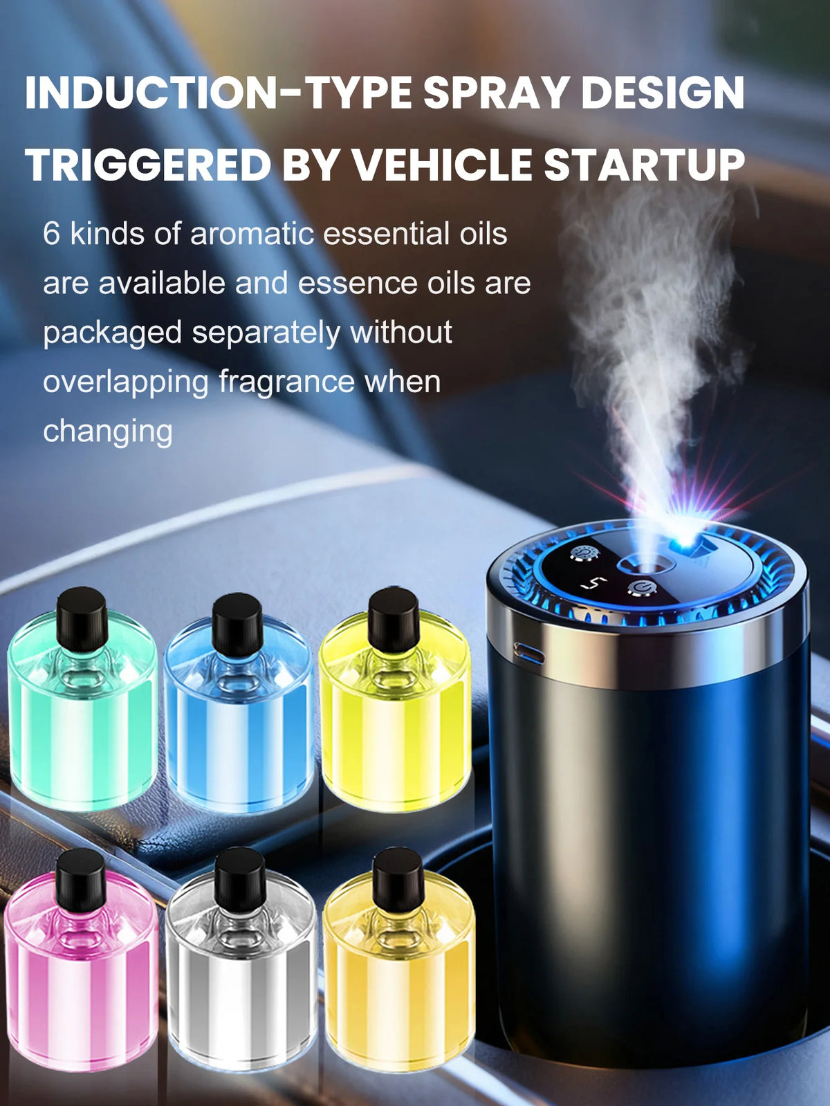 Un set de six flacons d'huiles essentielles à côté d'un diffuseur portable sombre avec éclairage LED.