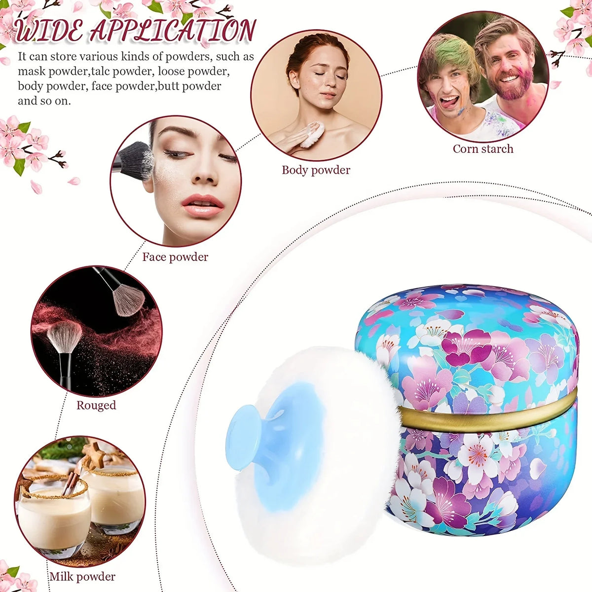 A refillable loose powder container with a travel puff showing various powders like body powder, face powder, and corn starch
