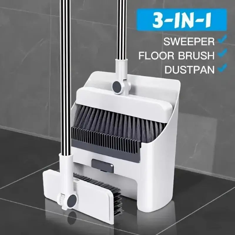 A white 3-in-1 sweeper tool with an aluminum handle, featuring a floor brush and dustpan.