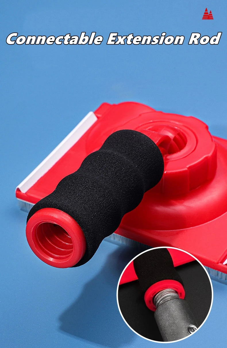 A black extension rod is shown inserted into a red paint edger tool for professional latex paint application.
