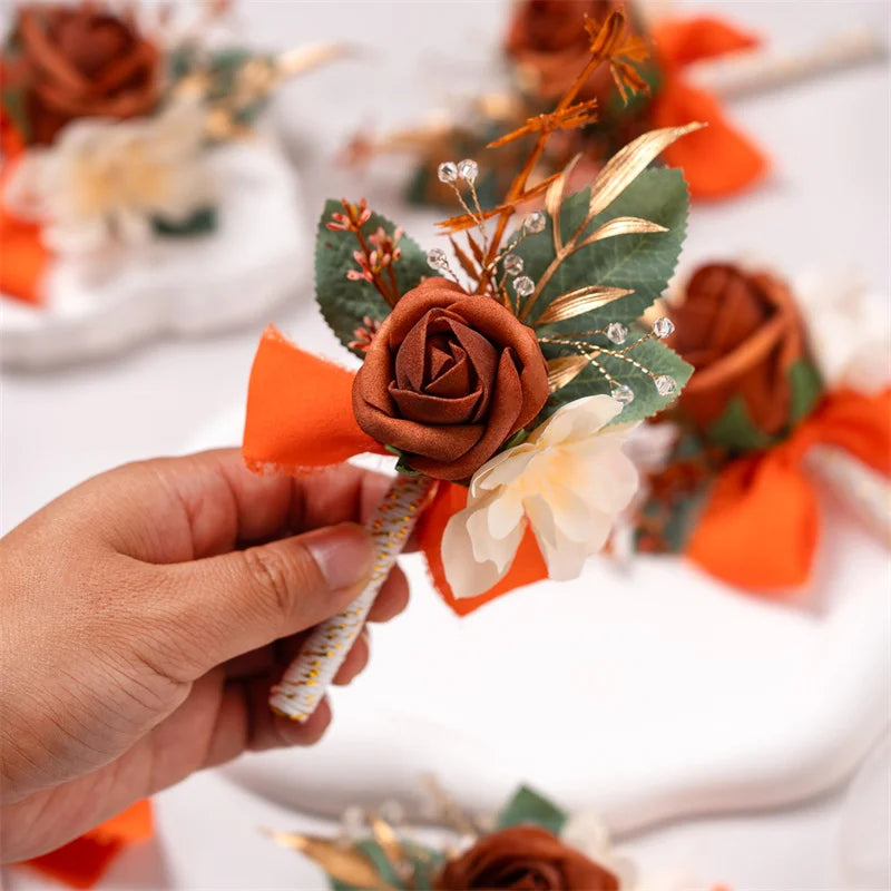 Burnt Orange Silk Boutonniere Set for Wedding Groom and Groomsmen