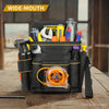 A black tool bag filled with various hand tools and accessories, including pliers, wrenches, and measuring tape.