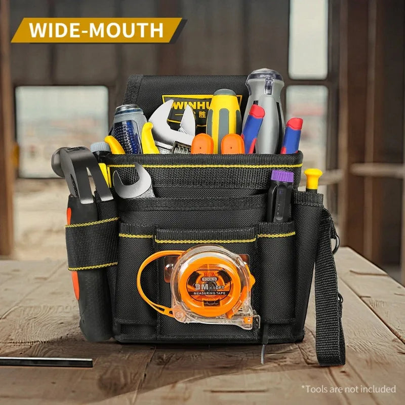 A black tool bag filled with various hand tools and accessories, including pliers, wrenches, and measuring tape.
