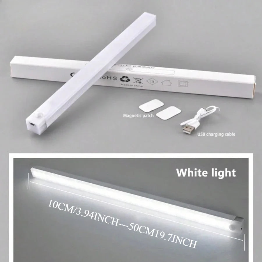 A white LED light bar is shown alongside its magnetic patch and USB charging cable.