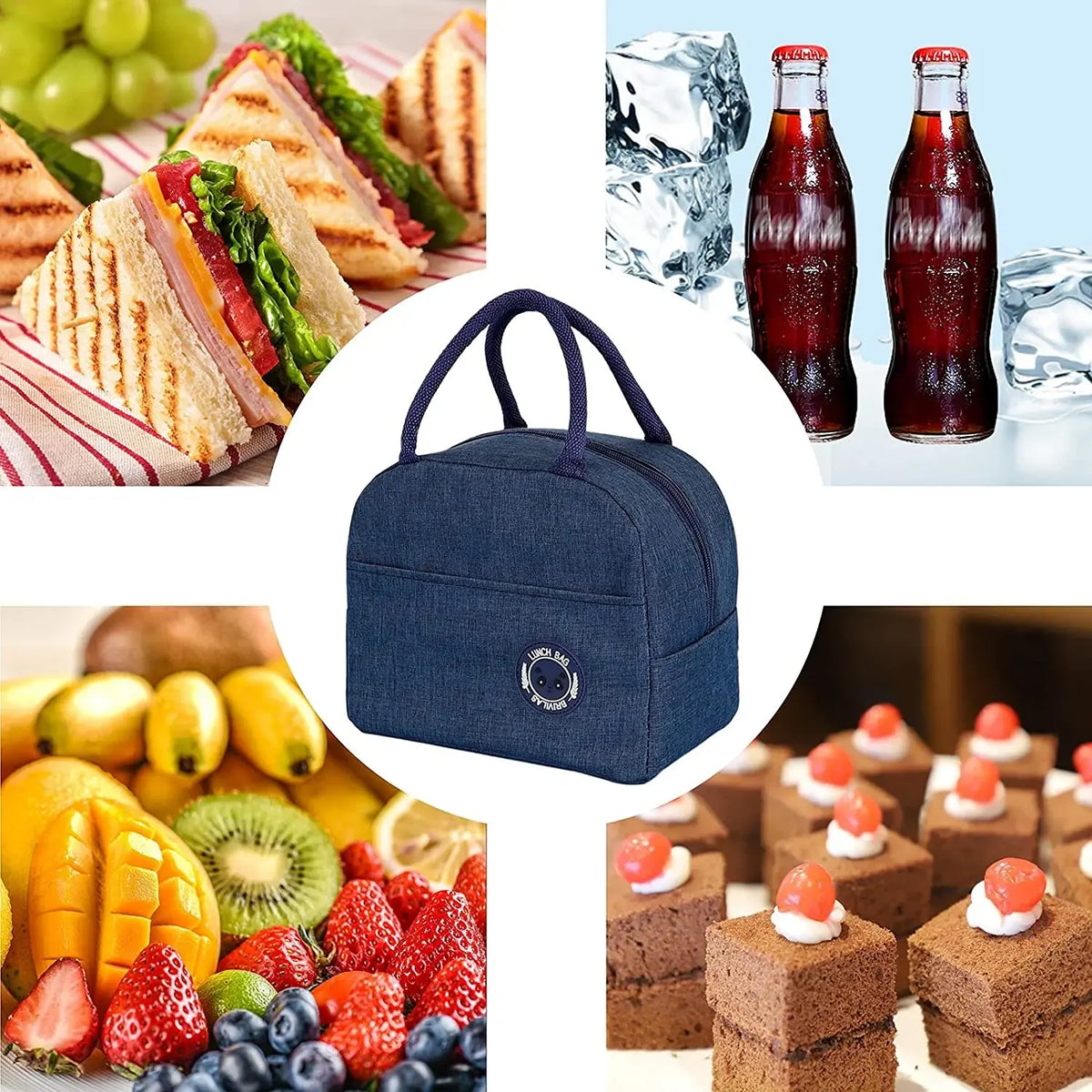 Navy blue insulated lunch bag with a handle shown next to various food items like sandwiches, fruit, and drinks.