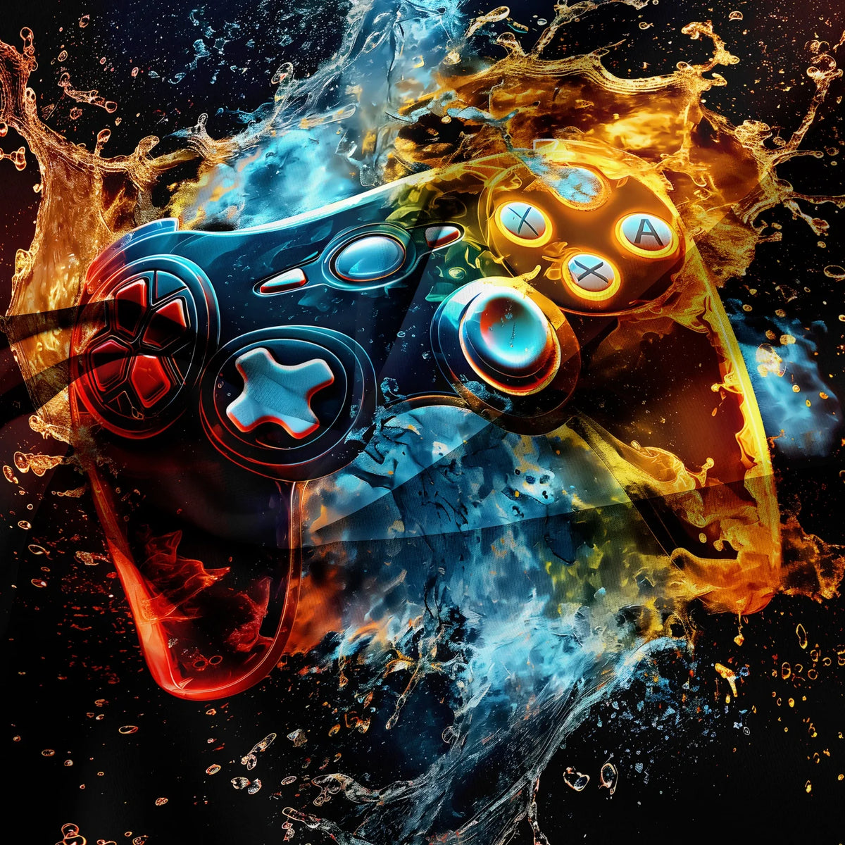 A gamer-themed duvet cover set featuring a controller and keyboard print amidst splashing liquid effects.