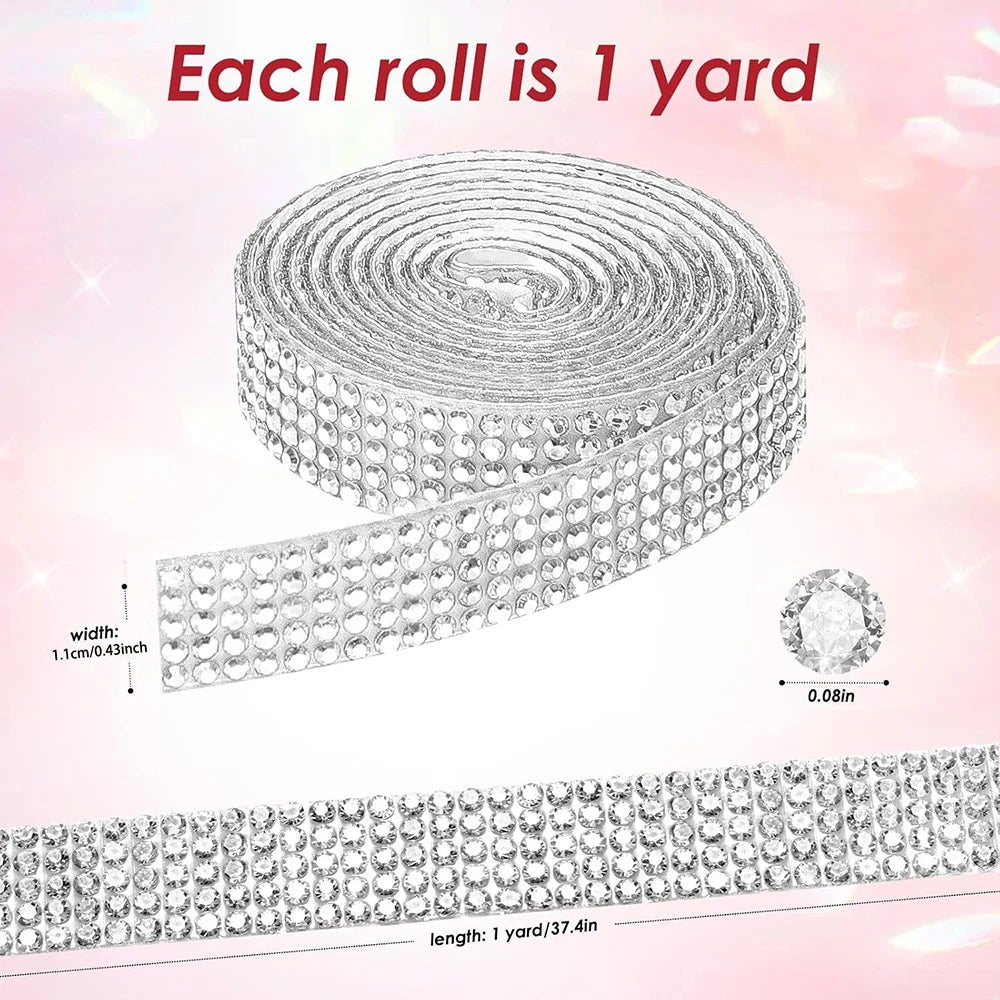 Roll of clear rhinestone ribbon, 1 yard long, showing the width and length.