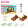 A wooden miniature dollhouse furniture set featuring forest animal figures and accessories.