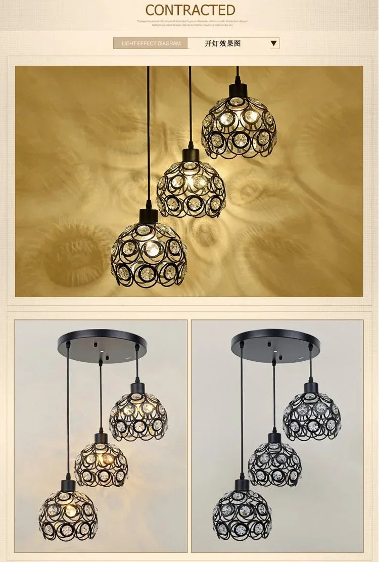 A set of crystal single-head ceiling lamps with metal frames hanging against a golden background.