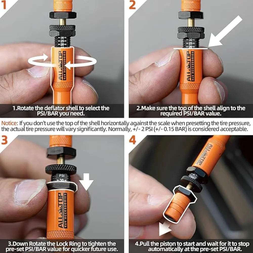 Instructions for using the AllStop tire deflator kit to set and stop PSI/BAR values.