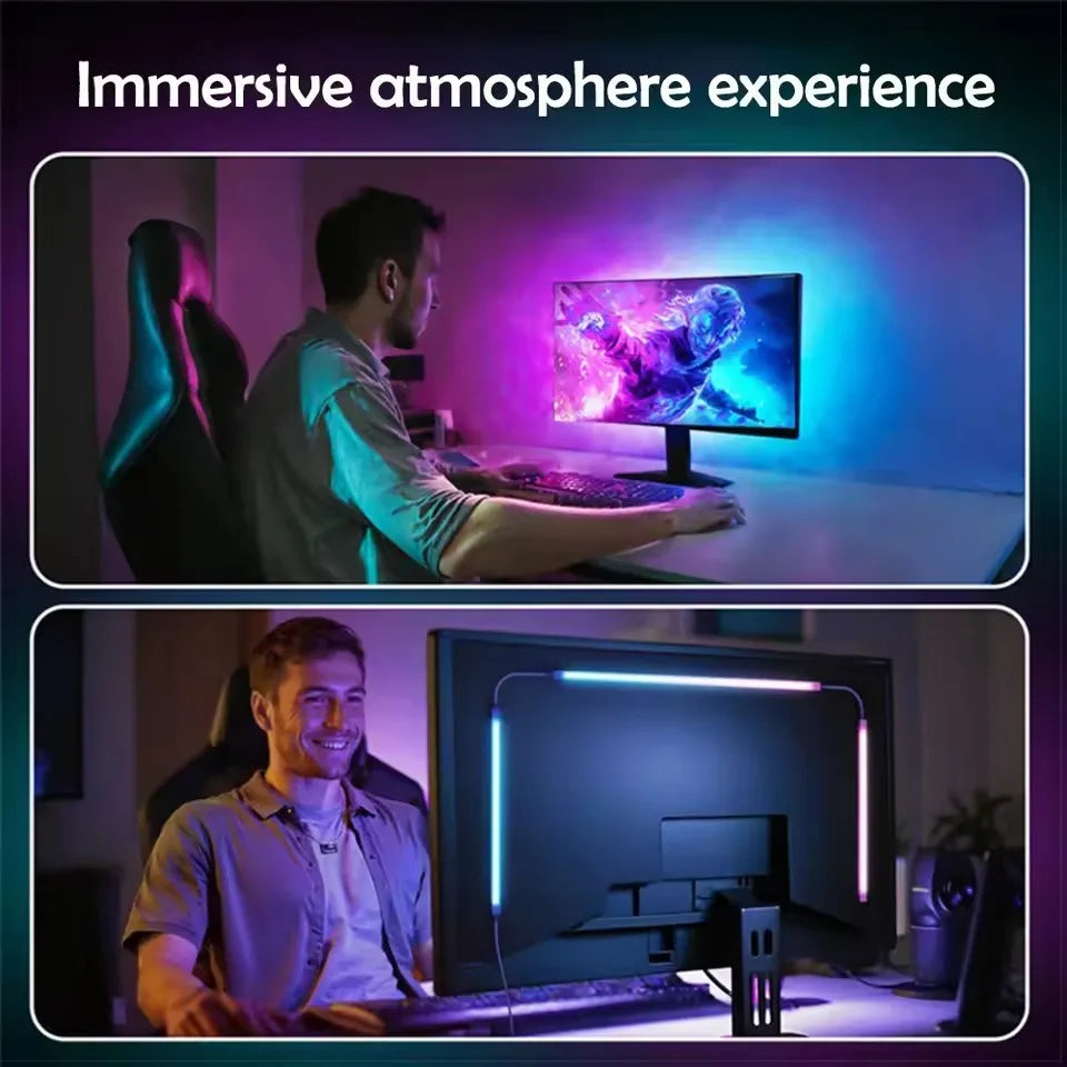 A man is using an RGBIC LED monitor with a bright blue backlight in a dark room.