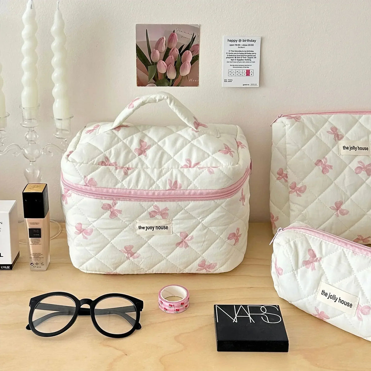 Bow Print Makeup Bag with Large Capacity