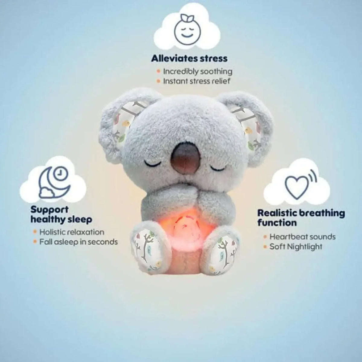 A fluffy koala plush toy designed to alleviate stress, support healthy sleep, and provide realistic breathing function with h