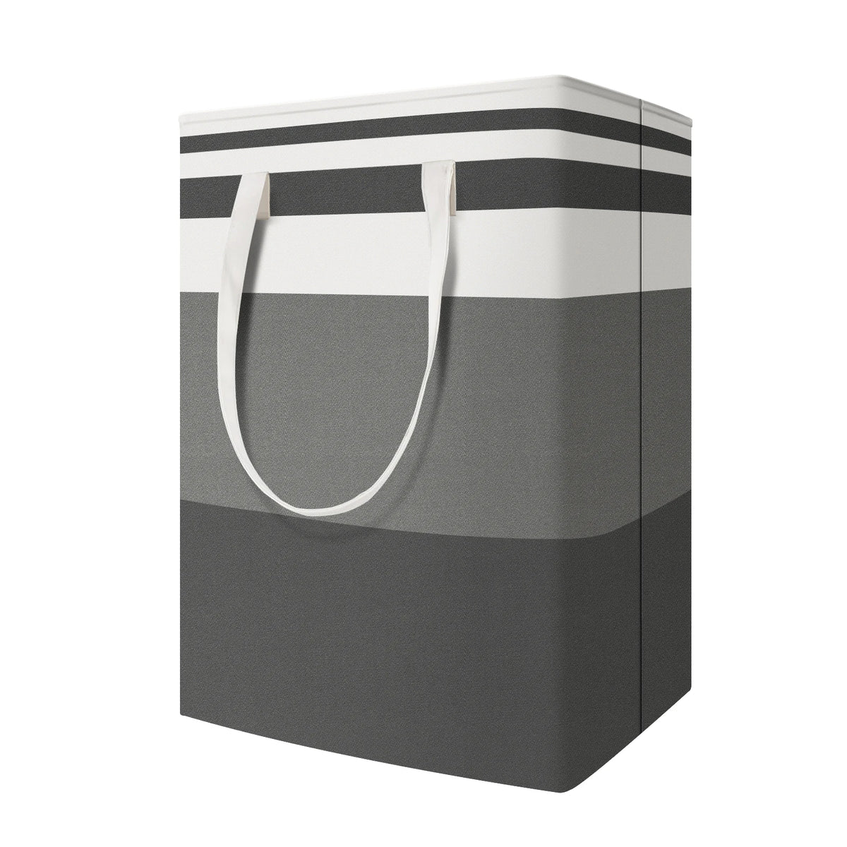 A rectangular laundry hamper with a striped gray and white design and fabric handles.