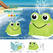 A green frog bath toy with large eyes is shown next to its packaging and a pool of water.