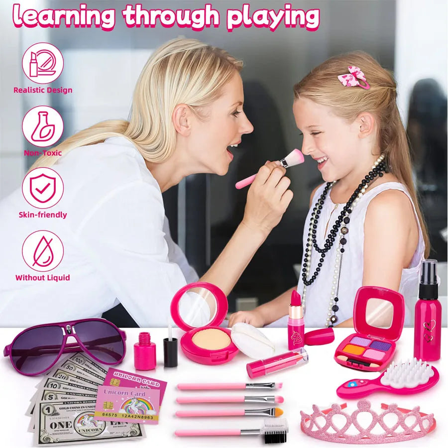 A learning through playing kit featuring makeup tools, brushes, and accessories for children.