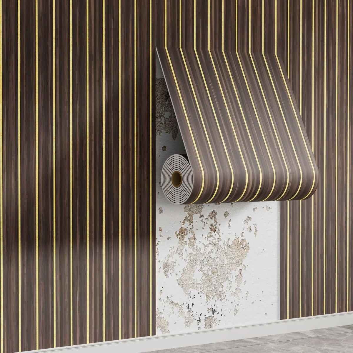A roll of wood grain peel-and-stick wallpaper in brown and gold stripes is partially unrolled on a vertical wall.