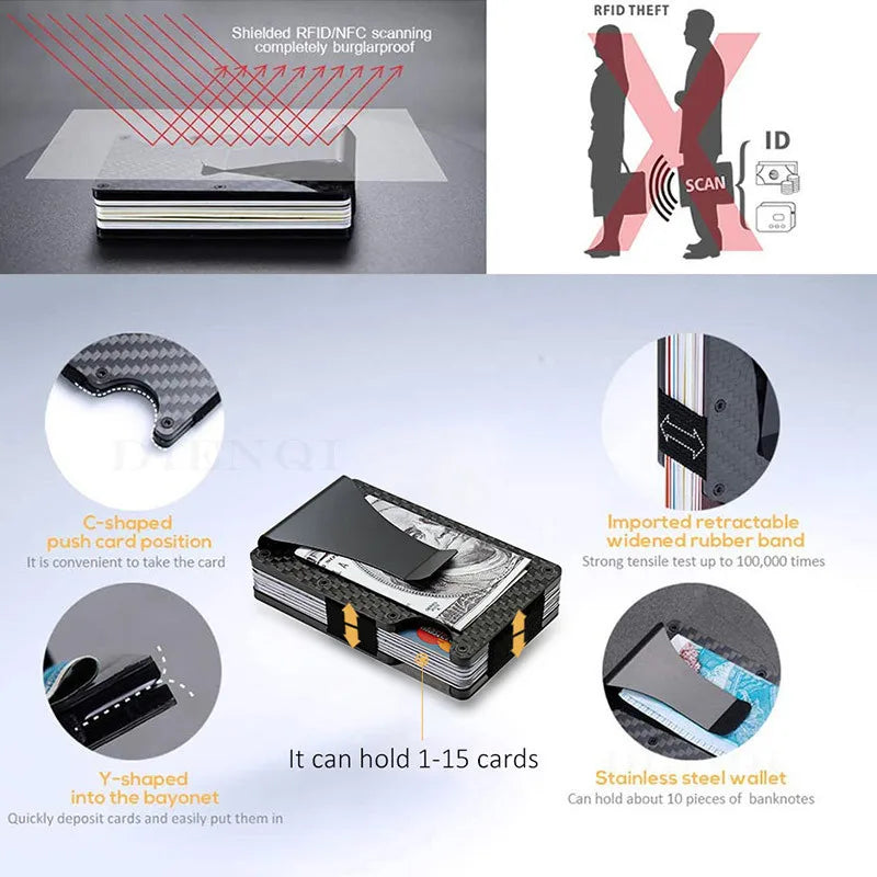 A slim aluminum RFID blocking wallet shown in various configurations including a card, money clip, and stacked banknotes.