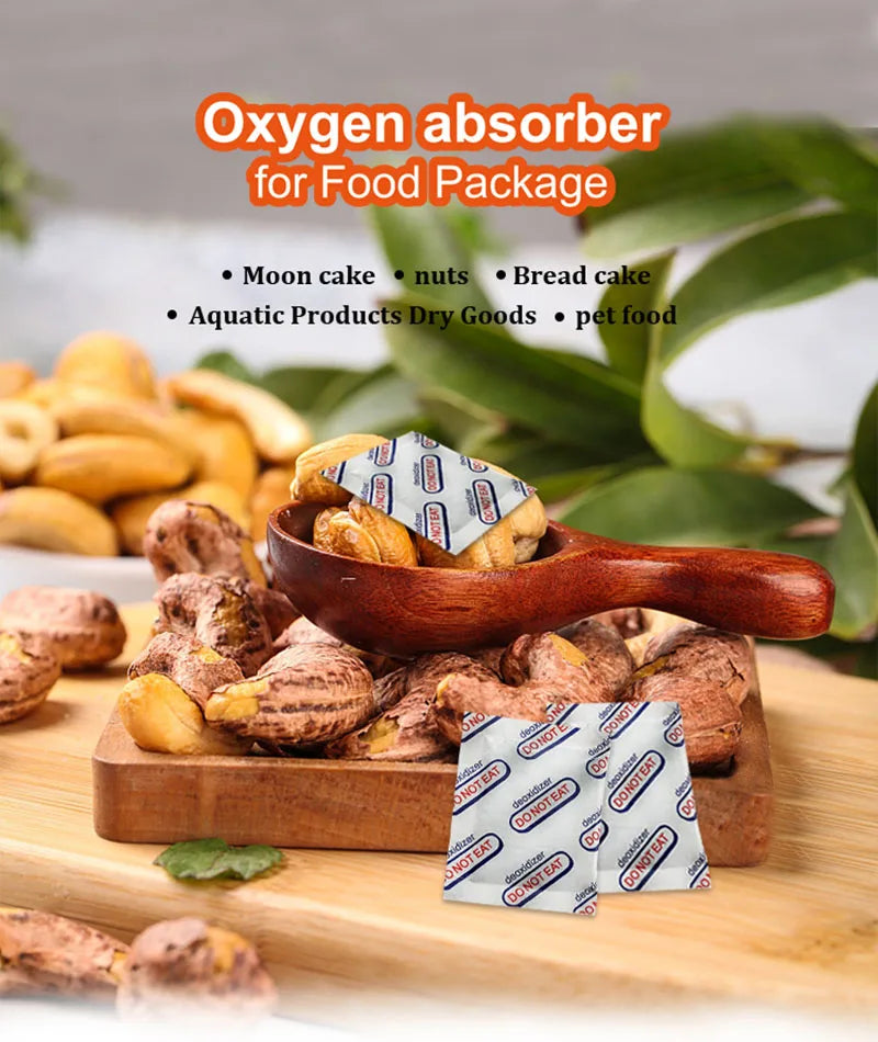 A wooden spoon holds nuts and dried goods, with oxygen absorbers for food packaging displayed nearby.