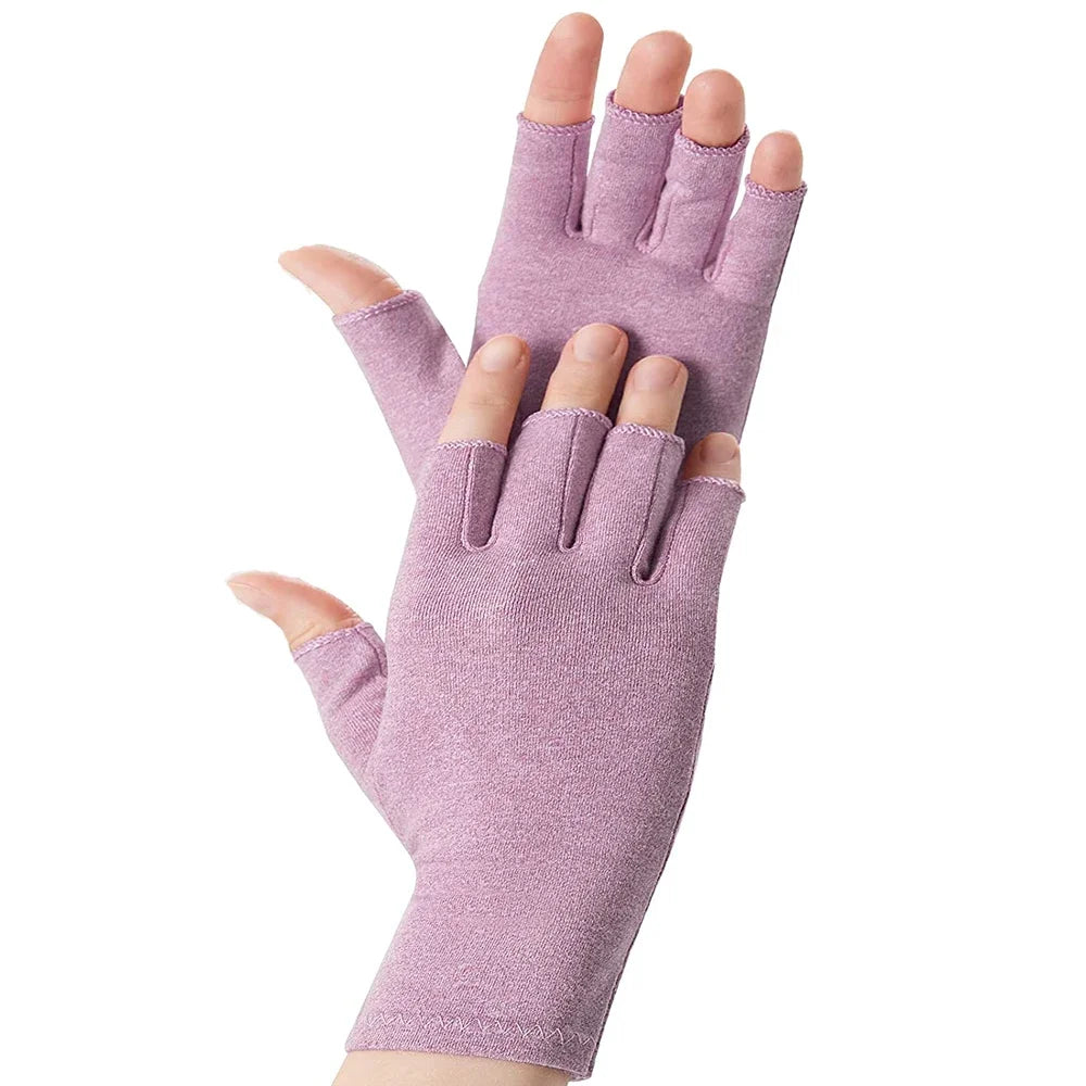 A close-up of a mauve fingerless compression glove worn on a hand.