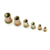 Assortment kit of zinc plated rivet nuts with blind threaded inserts ranging from M3 to M12.