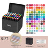 A black box containing 100 colored alcohol markers and an accompanying color chart and storage bag.
