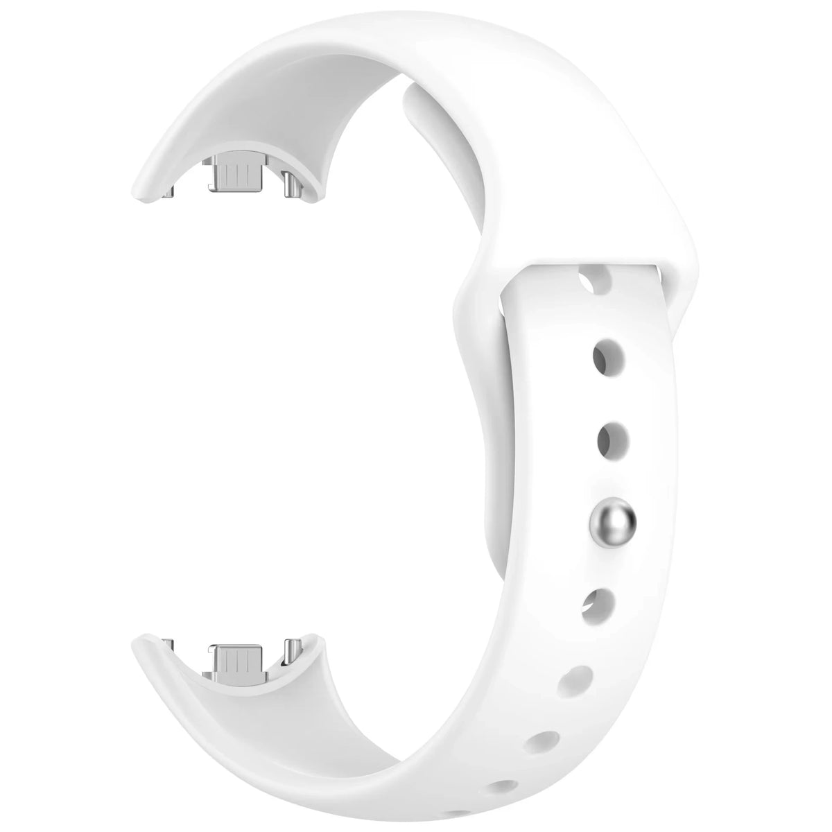 A white silicone replacement strap for a fitness tracker, shown from the side.